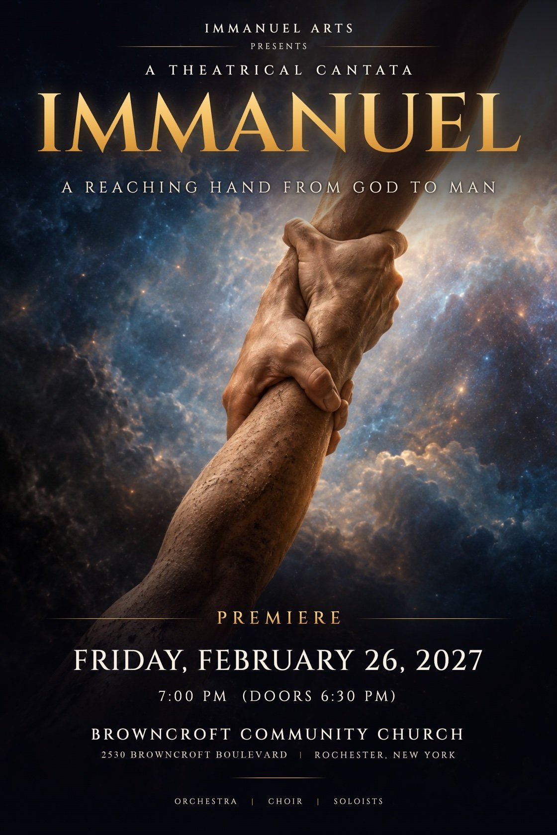 Immanuel premiere poster: A reaching hand from God to man. February 26, 2027 at 7 PM, doors at 6:30 PM, Browncroft Community Church, 2530 Browncroft Boulevard, Rochester, New York. View tickets.